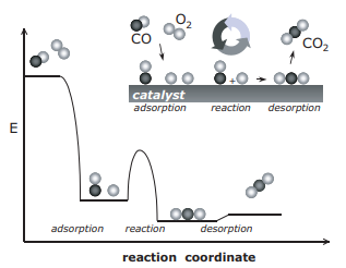Reaction cycle and potential energy for the catalytic oxidation of CO to CO2